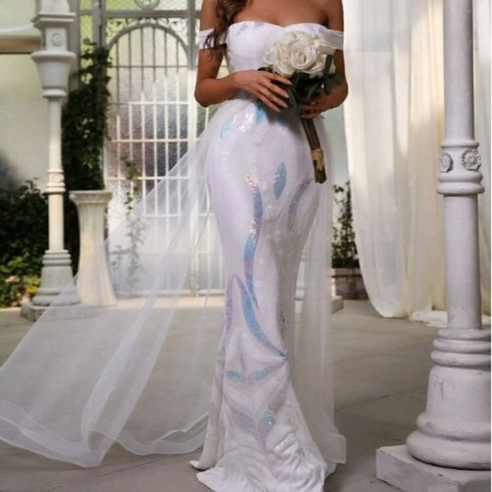 White Holographic and Graphic Sequined, Embroidered Wedding Dress with M…